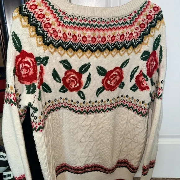 Cream Floral Rose Cable-Knit Sweater - Women - Picture 3 of 3